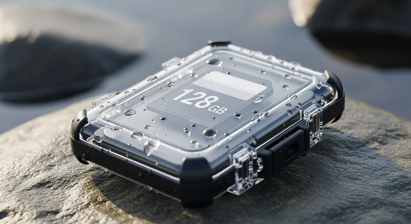 Ein transparentes Laufwerksgehäuse mit der Aufschrift „128 GB“ liegt auf einer rauen Steinfläche.