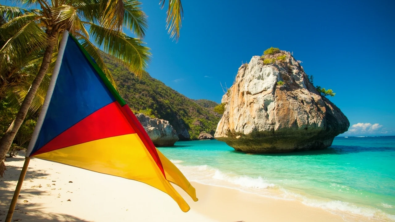 Eine blau-rot-gelbe Flagge weht im Vordergrund über hellem Sand.