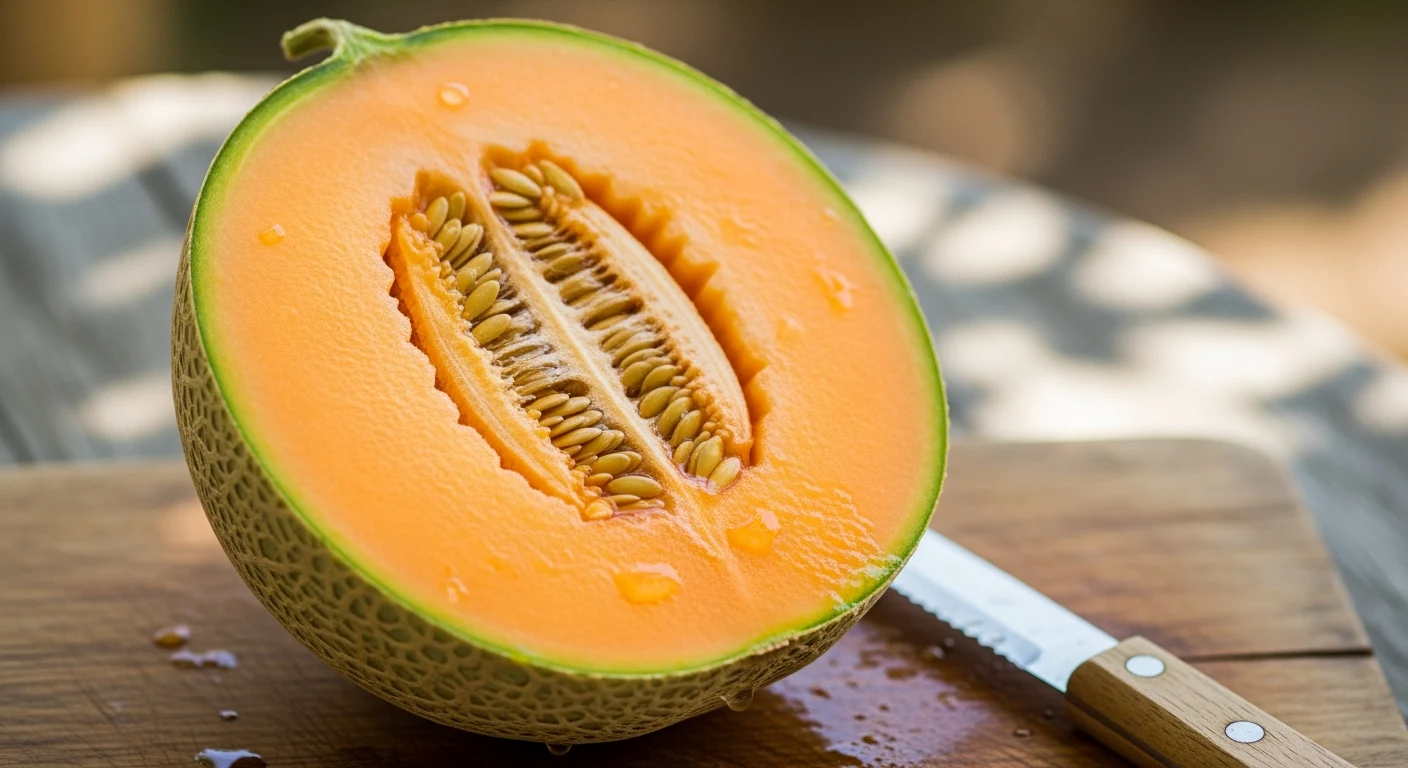 Eine reife, halbierte Melone liegt auf einem hölzernen Schneidebrett.