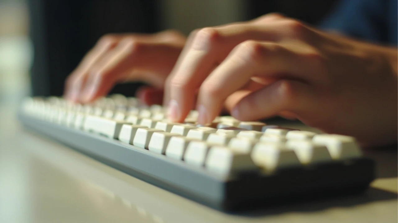 Nahaufnahme von Händen, die auf einer Tastatur mit erhabenen hellen Tasten tippen.