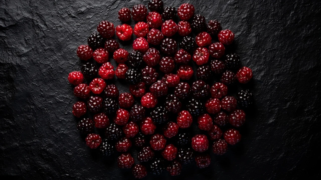 Ein runder Haufen reifer roter und dunkler Beeren liegt auf einer rauen, fast schwarzen Oberfläche.