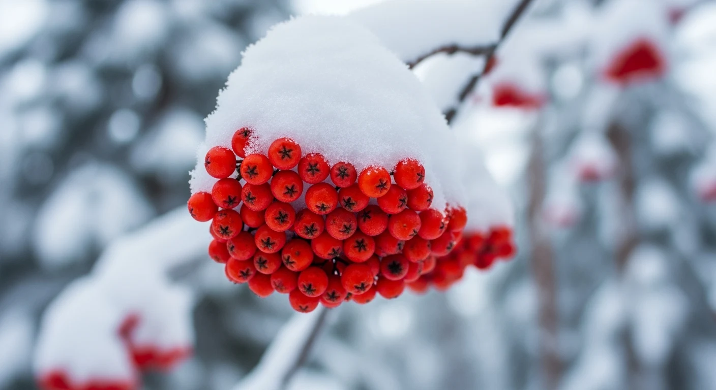 Eine dichte Traube leuchtend roter Beeren liegt unter einer dicken Schicht frischen Schnees an einem dünnen Zweig.