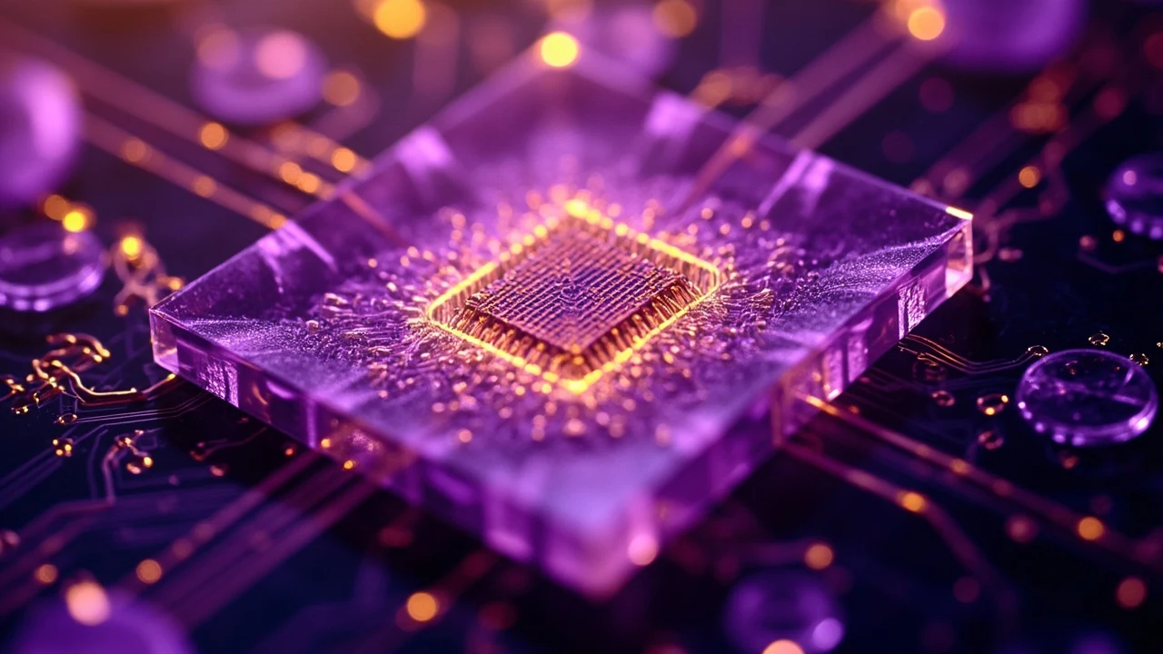 Nahaufnahme eines durchscheinenden violetten Chips in Rautenform, dessen Mitte von einem leuchtenden orange-goldenen Gitter erhellt wird.