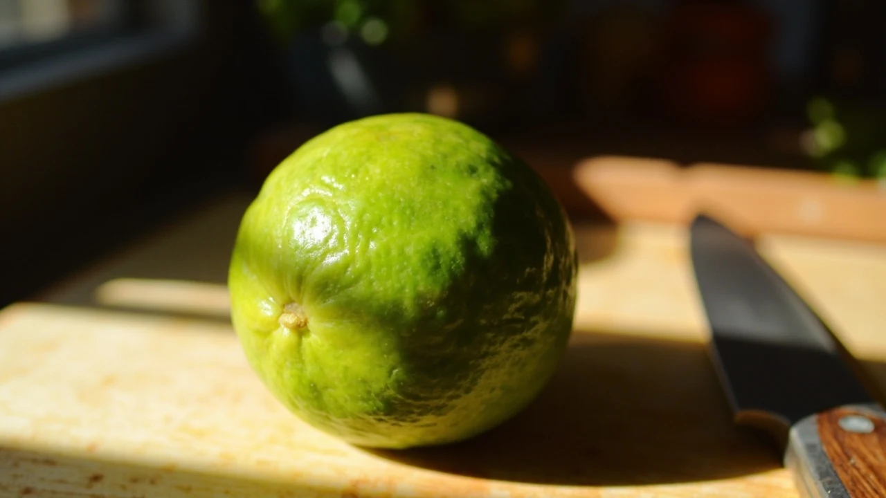Eine große grüne Limette liegt auf einem hellen Holzschneidebrett neben einem dunklen Messer mit Holzgriff.