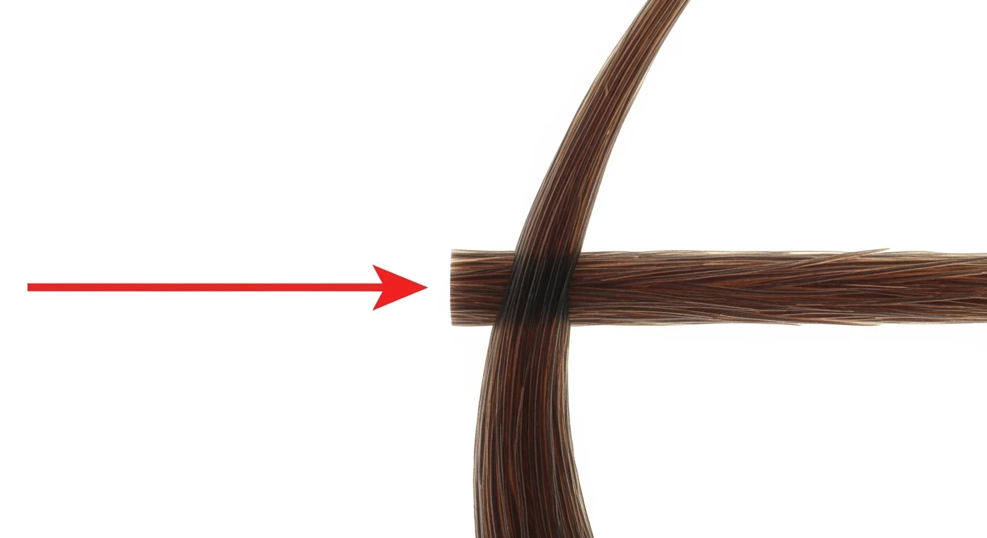 Zwei dunkelbraune Haarsträhnen kreuzen sich vor einem schlichten weißen Hintergrund.