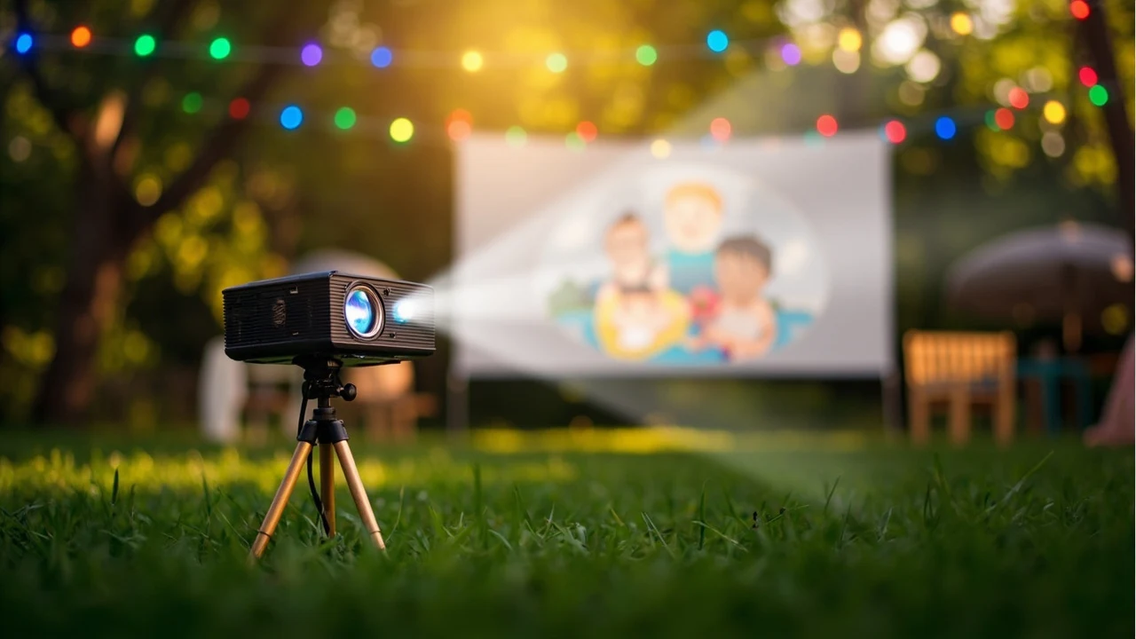 Ein kompakter Projektor auf einem Holzstativ steht im grünen Gras und wirft einen Lichtstrahl auf eine helle Leinwand mit einer Figurengruppe.