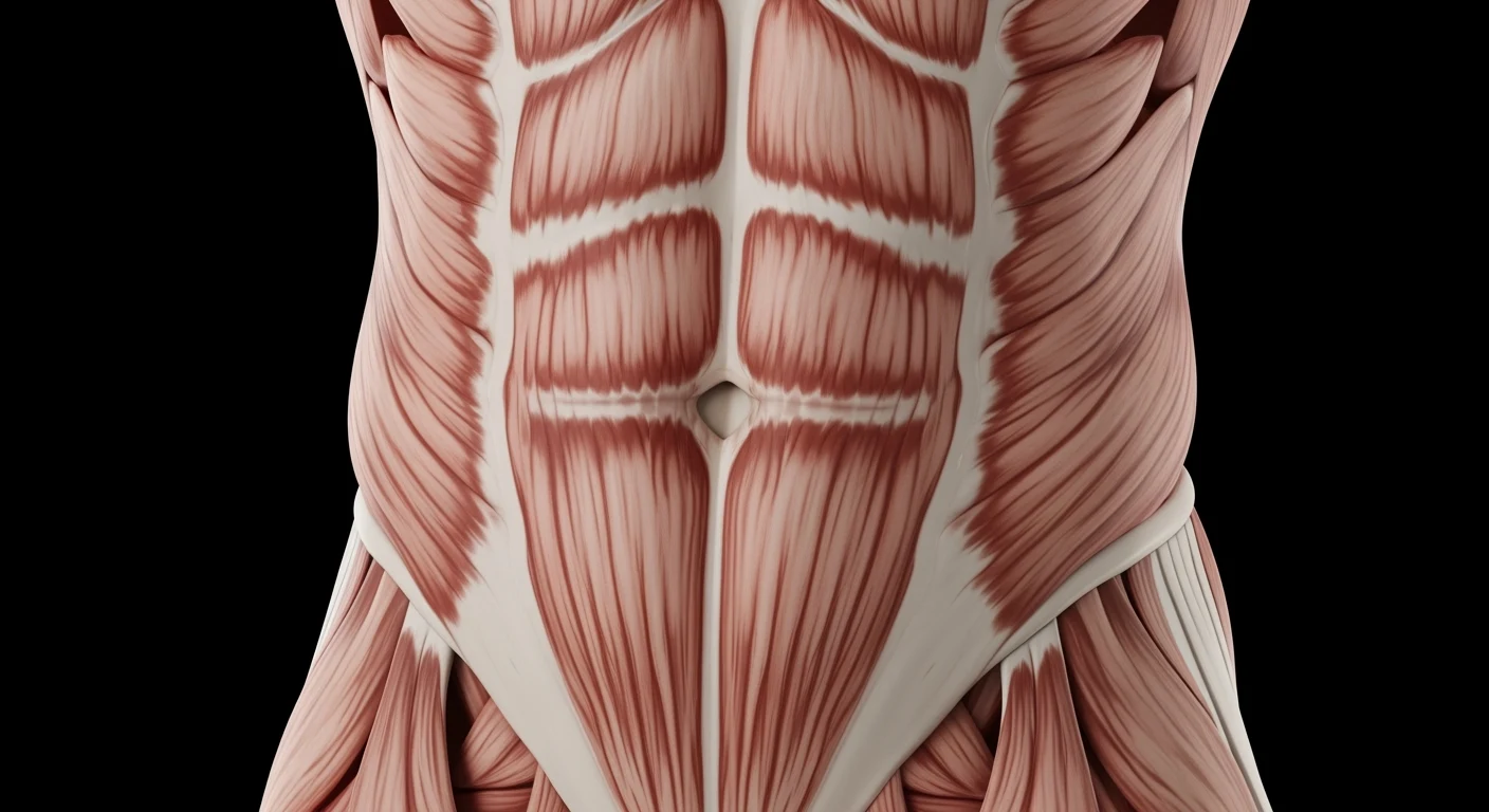 Eine anatomische Darstellung des vorderen Rumpfes zeigt symmetrische Bündel der Bauchmuskulatur, getrennt durch helle Sehnenstreifen.