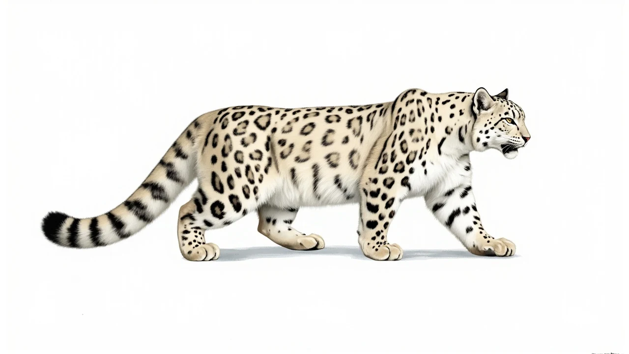 Ein Schneeleopard mit hellem, dicht geflecktem Fell schreitet im Profil über einen reinweißen Hintergrund.