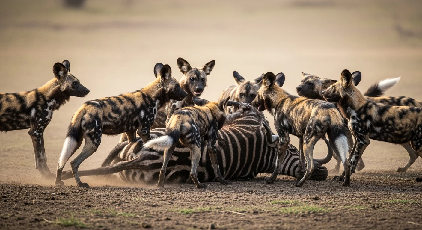 Eine Gruppe gefleckter schwarz-brauner Wildhunde umringt ein am Boden liegendes Zebra auf trockenem Erdboden, Staub steigt an ihren Beinen auf.