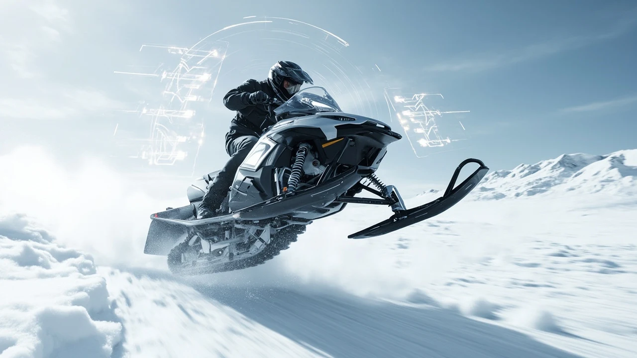 Ein Schneemobil mit einem Fahrer in dunklem Helm und Anzug schwebt über einer verschneiten Ebene.