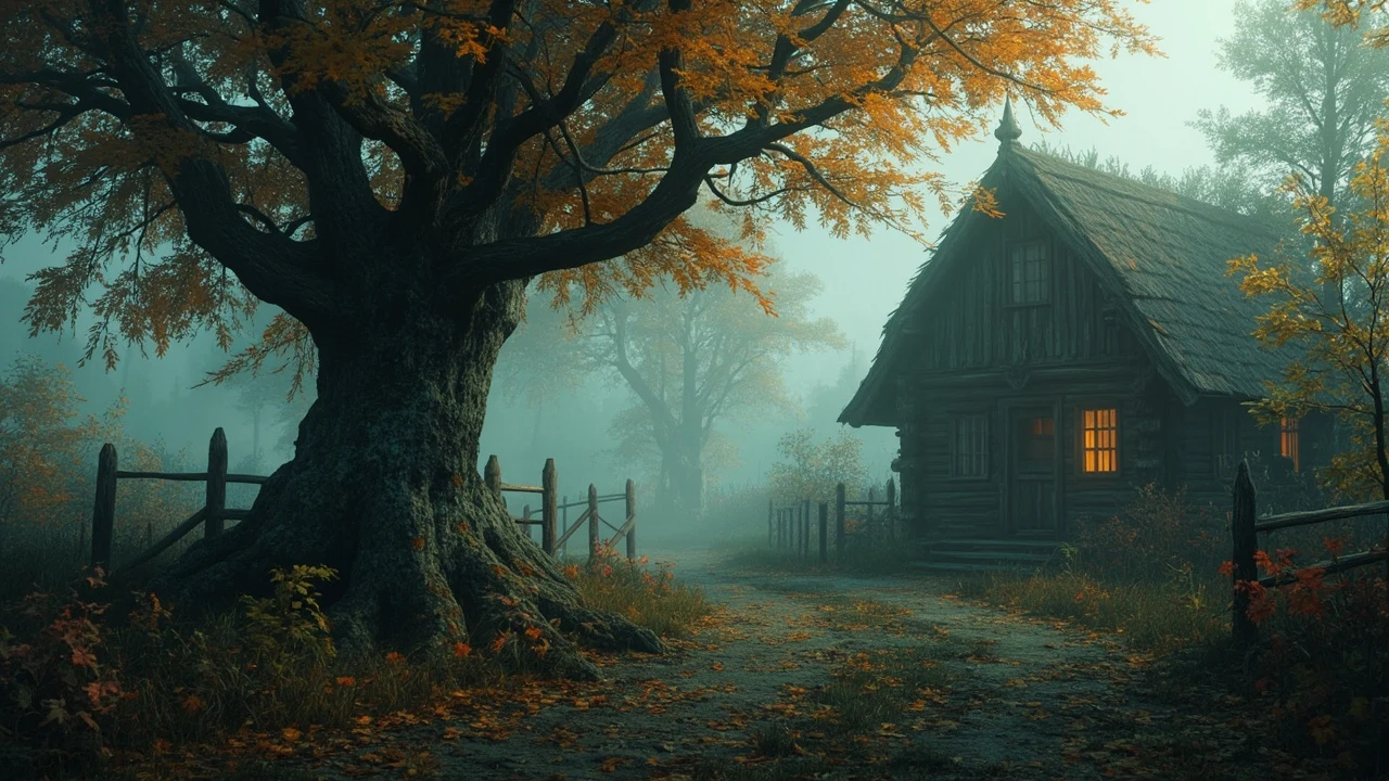 Ein großer alter Baum mit goldenem Laub steht neben einem Weg, der zu einem Holzhaus führt.