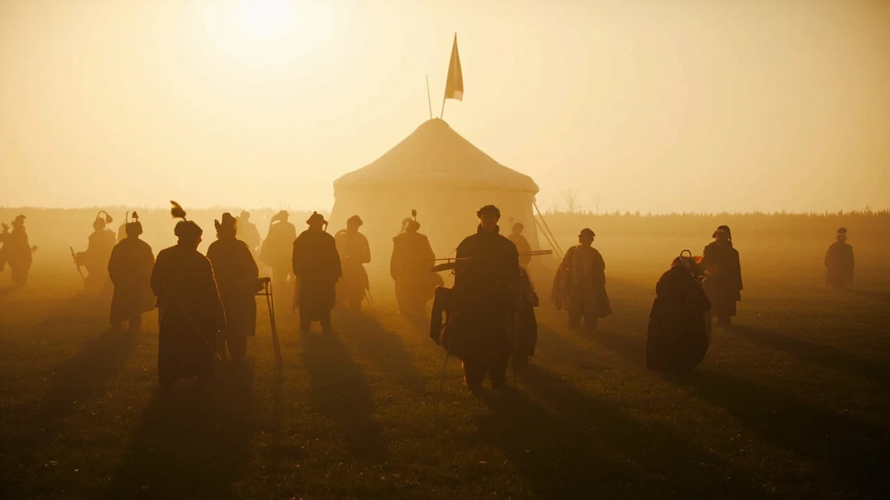 Goldener Dunst füllt ein Feld, auf dem silhouettierte Gestalten in langen Gewändern um ein großes Zelt mit Fahne stehen.