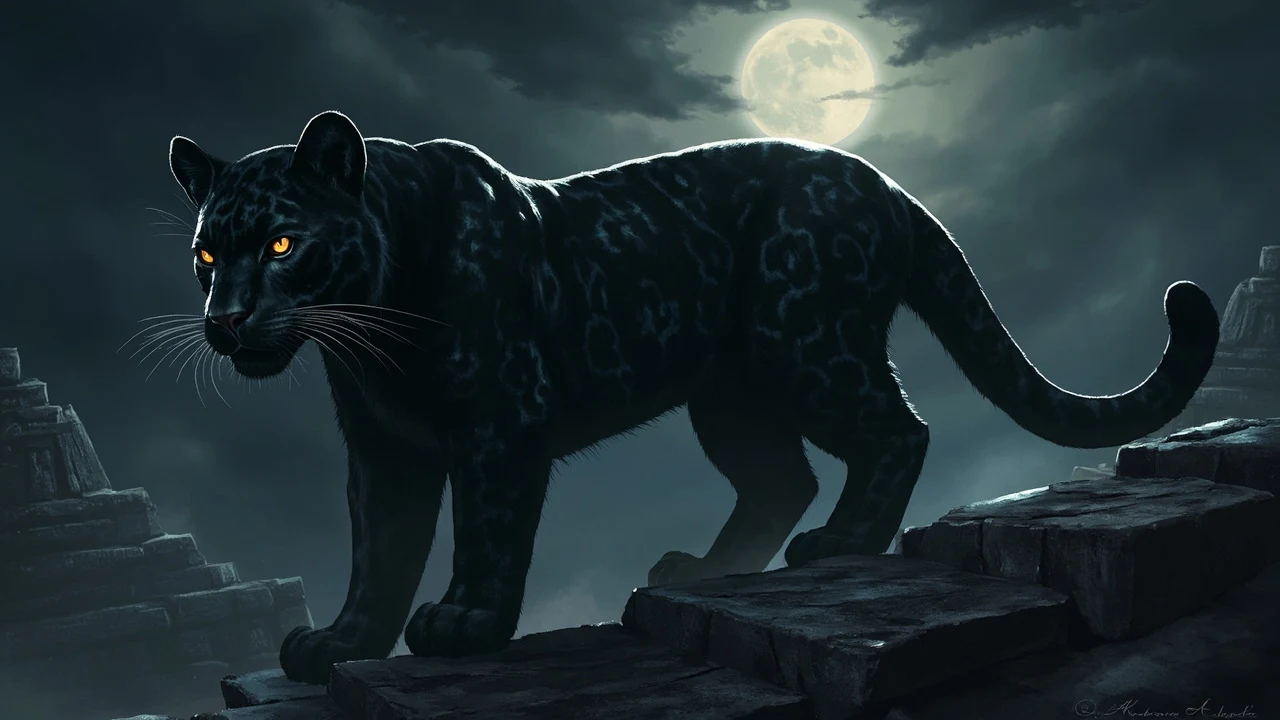 Eine schwarze Panther mit bernsteinfarbenen Augen steht auf Steinstufen, der Schwanz nach oben gebogen.