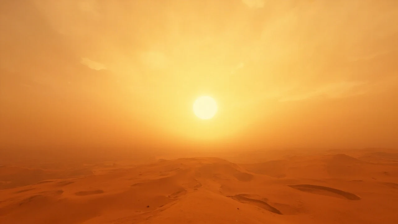 Endlose Sanddünen erstrecken sich unter einem gleichmäßigen goldenen Himmel bis zum dunstigen Horizont.