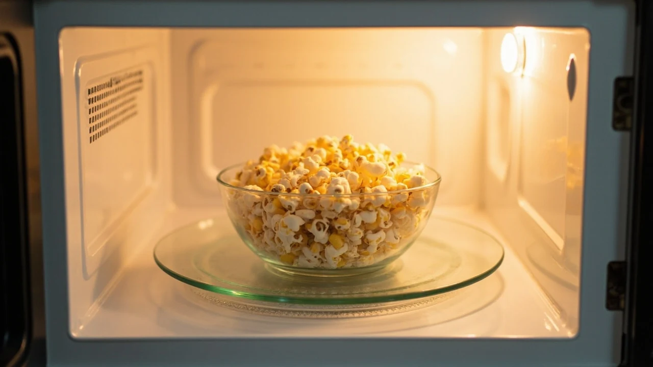 Eine durchsichtige Schüssel mit aufgeplatztem Popcorn steht auf dem runden Glasteller in einer Mikrowelle.