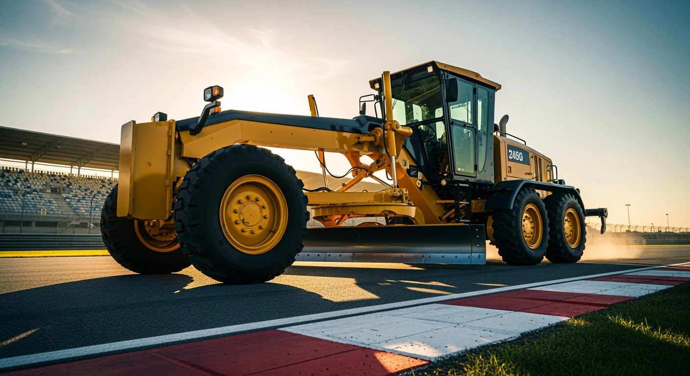 Ein gelber Grader mit breitem Schild steht auf einer Asphaltstrecke neben rot-weißen Randsteinen und Gras.