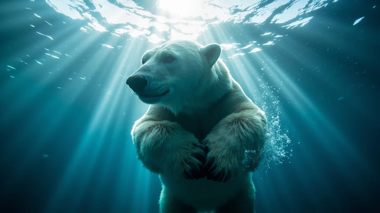 Ein Eisbär mit zusammengelegten Vorderpfoten schwebt in tiefem türkisfarbenem Wasser.