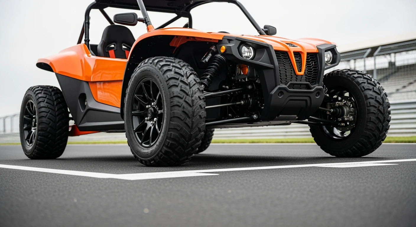 Ein orangener Buggy mit schwarzem Rohrrahmen steht auf Asphalt mit weißen Linien.