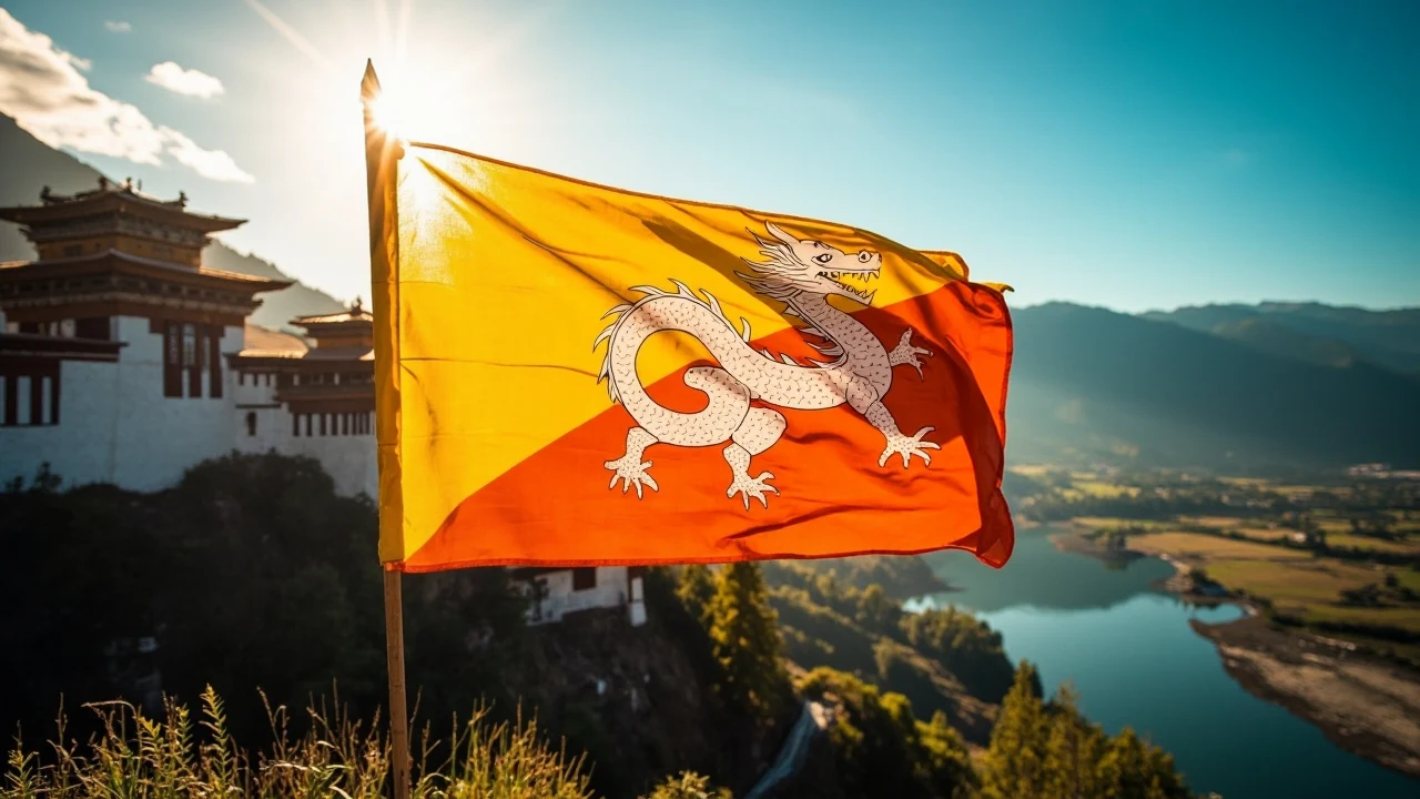 Eine gelb-orange Fahne mit weißem Drachen weht vor einem hellen, sonnigen Himmel.