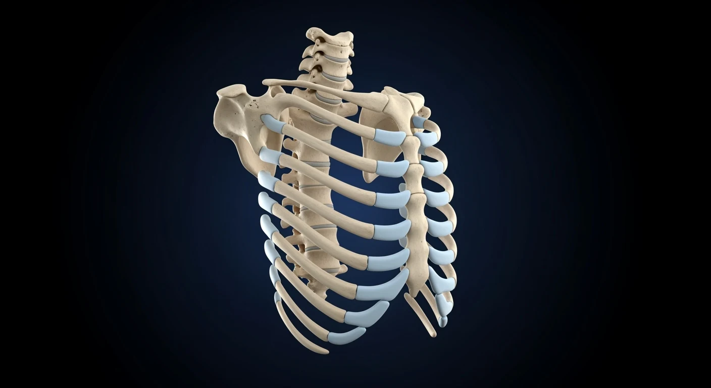 Ein beiger anatomischer Brustkorb mit Brustbein, Schlüsselbeinen und Schulterblättern steht vor einem dunkelblauen Hintergrund.