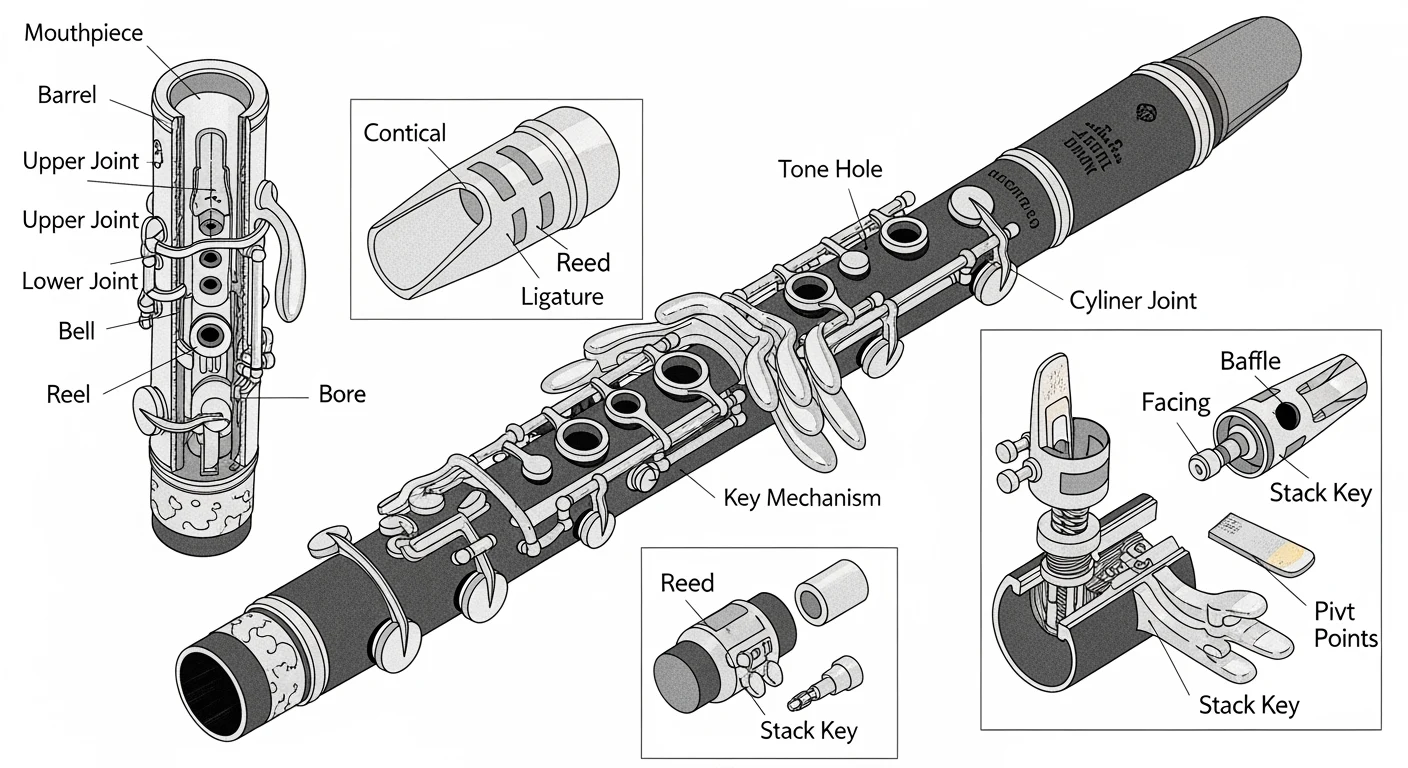 Eine schwarz-weiße technische Illustration einer Klarinette mit beschrifteten Teilen wie Mundstück, Fass, Klappenmechanik und Schallbecher.