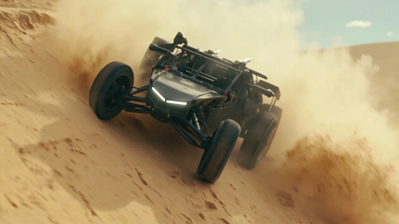 Ein dunkler Rohrbuggy mit großen Reifen rast einen Sandhang hinauf und wirbelt eine dichte Staubwolke auf.