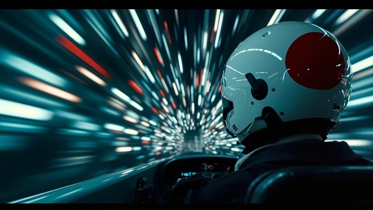 Eine Gestalt mit weißem Helm und großem rotem Kreis sitzt mit dem Rücken zur Kamera in einem dunklen Cockpit.