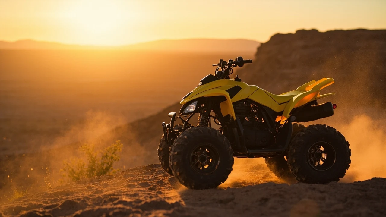 Ein gelbes Quad mit dunklen Details steht auf einem felsigen Hang und wirbelt Staub um seine großen Stollenreifen auf.