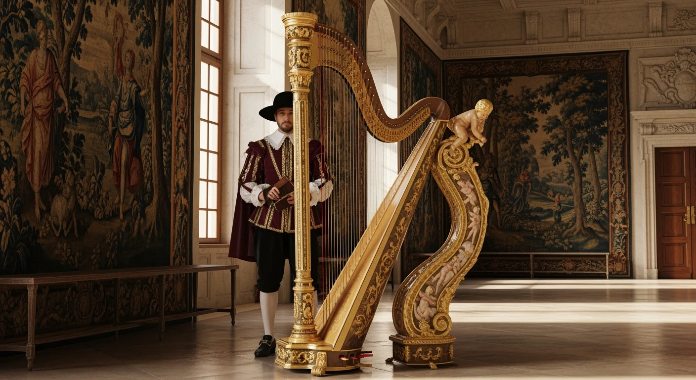 Eine hohe vergoldete Harfe mit geschnitzten Figuren und kannelierter Säule steht in einem hellen Saal mit Parkettboden.