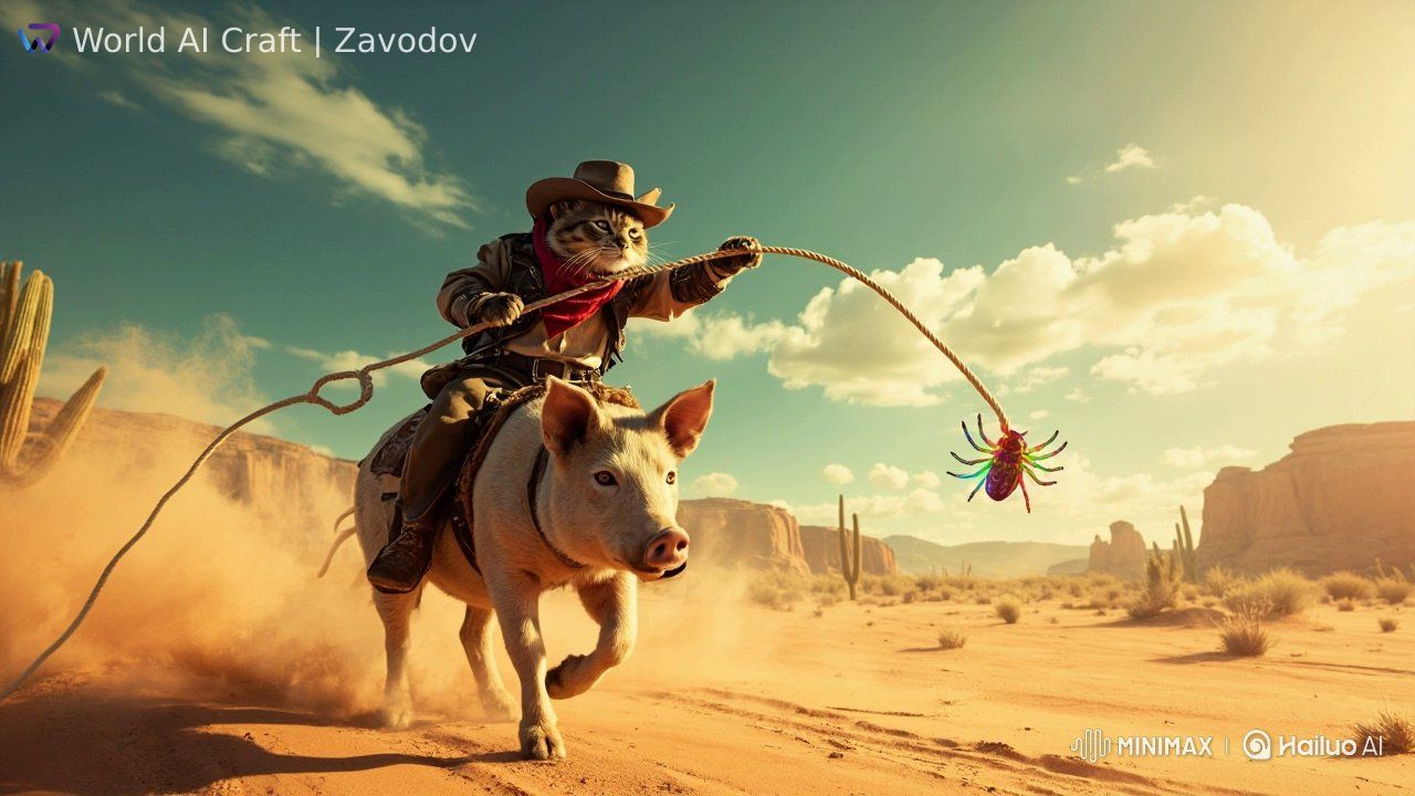 AI-контент «Кот-ковбой на свинье в погоне» от автора Zavodov